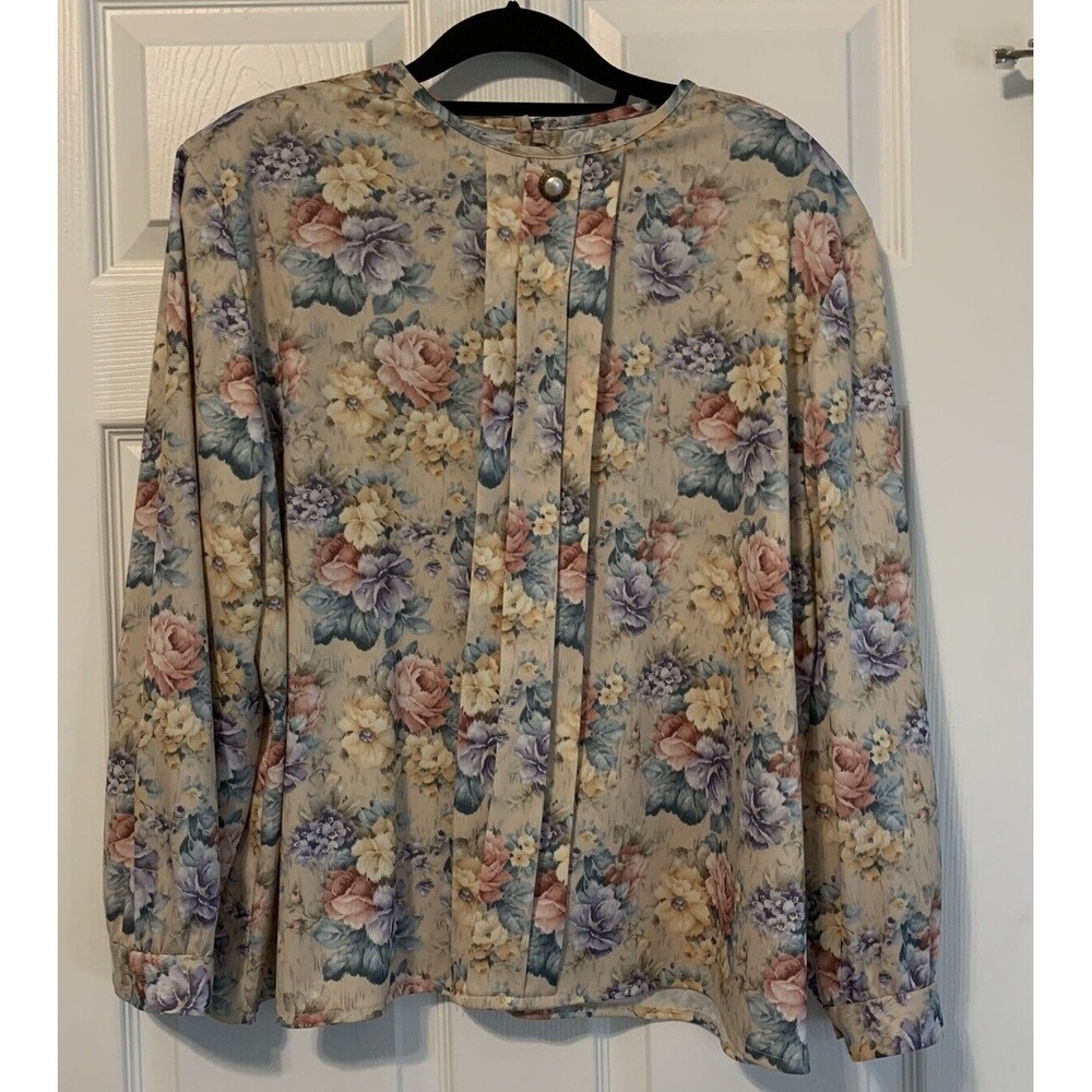 Vintage Blair Women's Size 10 Floral Shirt Long Sleeve Top Blouse USA Pleated